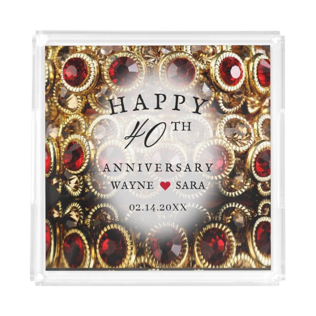 Ruby Red Jeweled 40th Wedding Anniversary Acrylic Tray (Front)
