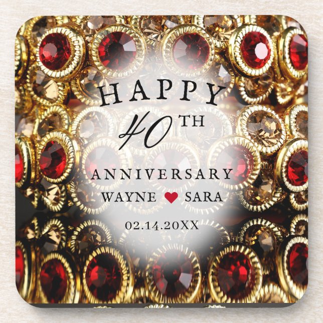 Ruby Red Jeweled 40th Wedding Anniversary Beverage Coaster (Front)