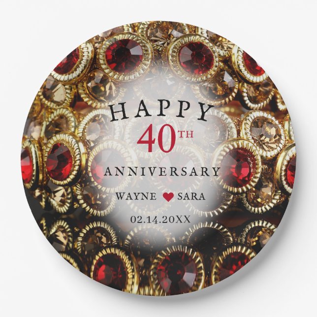 Ruby Red Jeweled 40th Wedding Anniversary Paper Plates (Front)