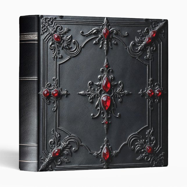 Ruby Red Jeweled Black Leather Vampire Gothic 3 Ring Binder (Front/Spine)