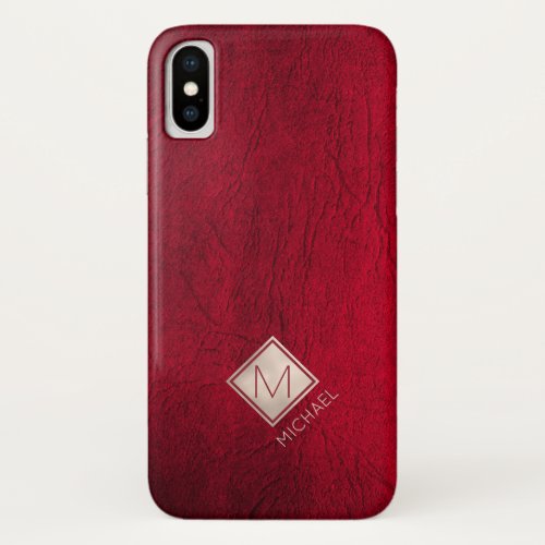 Ruby Red Leather Ivory Diamond Name Monogrammed iPhone XS Case