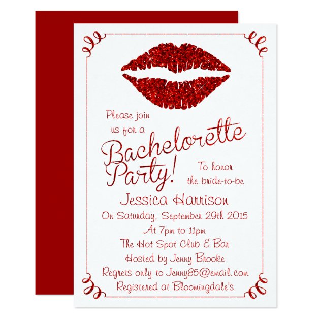 Ruby Red Lips Glitter Effect Bachelorette Party Invitation