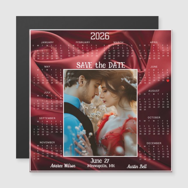 Ruby Red Luxury Satin Save the Date Engaged Couple (Front/Back)