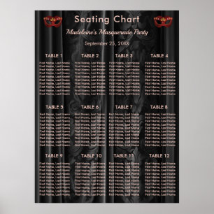 Ruby Red Masquerade Black Damask 12 Tables Seating Poster
