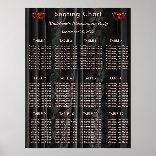 Ruby Red Masquerade Black Damask 12 Tables Seating Poster