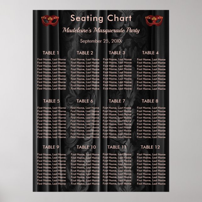Ruby Red Masquerade Black Damask 12 Tables Seating Poster (Front)
