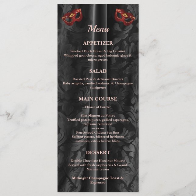 Ruby Red Masquerade Black Damask Gold Ball Menu (Front)