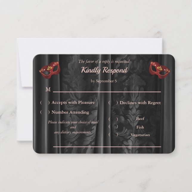 Ruby Red Masquerade Black Damask Gold RSVP Card (Front)