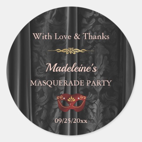 Ruby Red Masquerade Black Damask Round  Classic Round Sticker