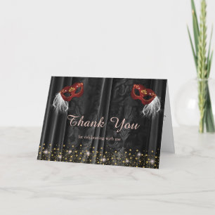 Ruby Red Masquerade Photo Black Damask Gold Stars Thank You Card