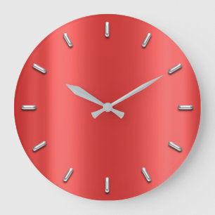 Ruby Red Metallic Minimalism Silver Gray Grey Silk Large Clock