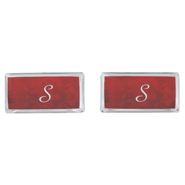 Ruby Red Monogram Design Silver Cufflinks (Front)