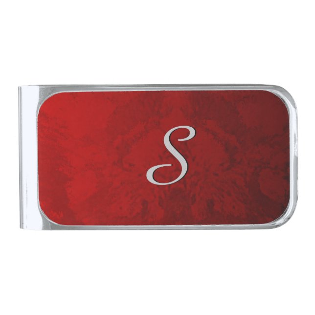 Ruby Red Monogram Design Silver Finish Money Clip (Front)