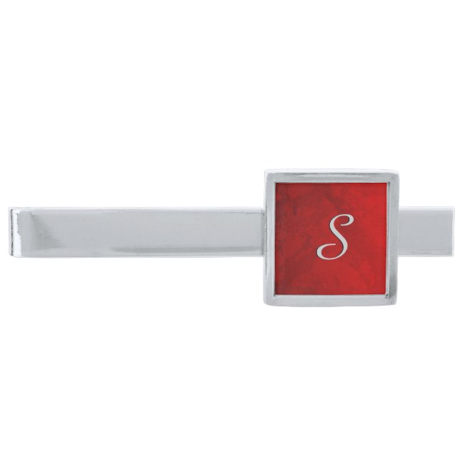 Ruby Red Monogram Design Silver Finish Tie Bar (Front)