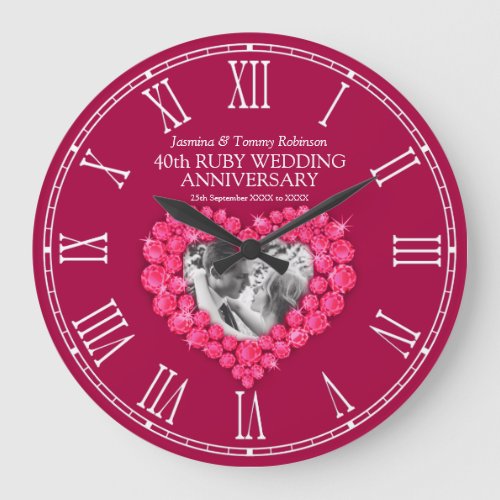 Ruby red photo heart 40th wedding anniversary large clock
