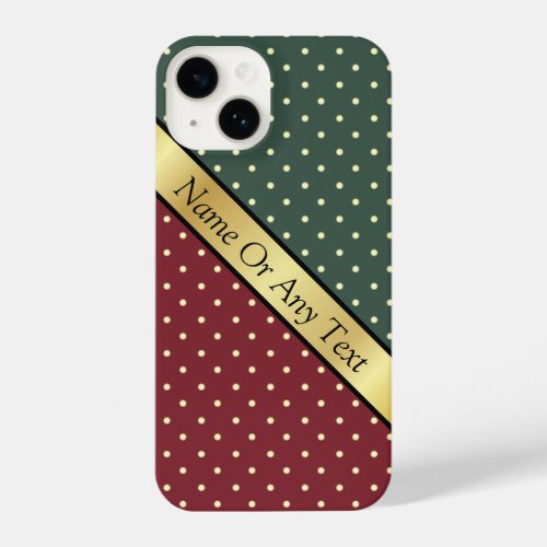 Ruby Red Pine Green White Dots Gold Ribbon iPhone 14 Case