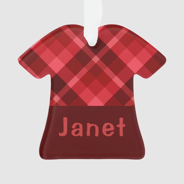 Ruby Red Plaid Monogram T-shirt Acrylic Ornament (Front)