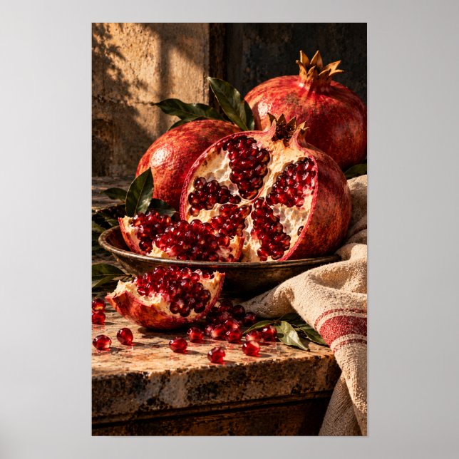 Ruby Red Pomegranates – Rustic Fruit Still Life Wa Poster (Front)