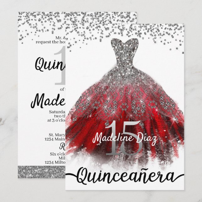 Ruby Red Quinceañera Dress Birthday Invitation (Front/Back)