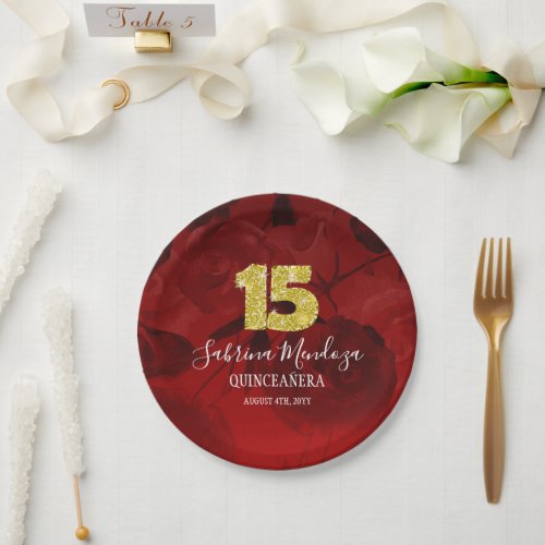 Ruby Red Quinceanera Gold 15  Paper Plates