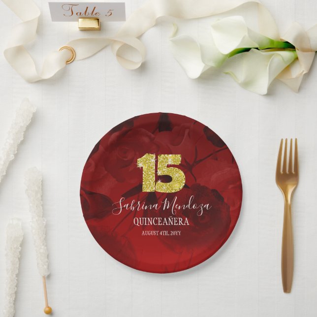 Ruby Red Quinceanera Gold #15  Paper Plates (Wedding)