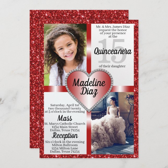 Ruby Red Quinceañera Invitation 15 Cumpleaños (Front/Back)