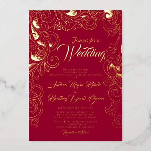 Ruby Red Real Gold Foil Abstract Floral Foil Invitation