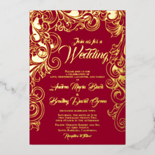 Ruby Red Real Gold Foil Abstract Floral Invitation