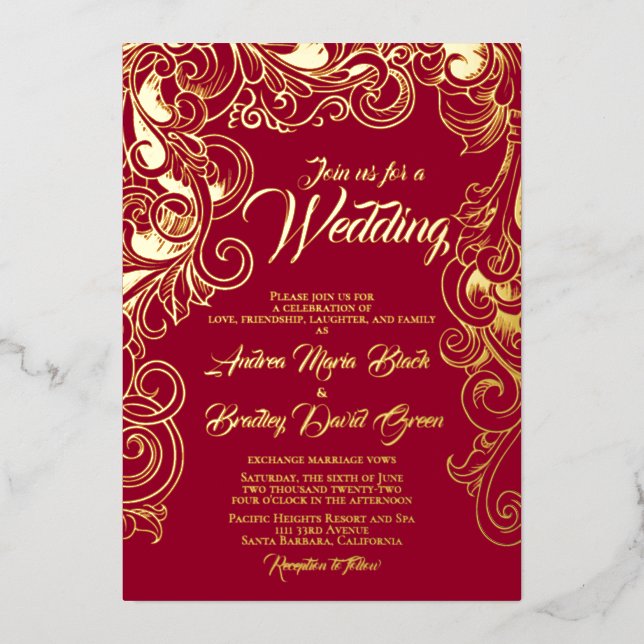Ruby Red Real Gold Foil Abstract Floral Invitation (Front)