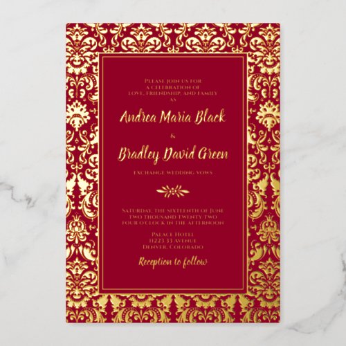 Ruby Red Real Gold Foil Damask Wedding Foil Invitation