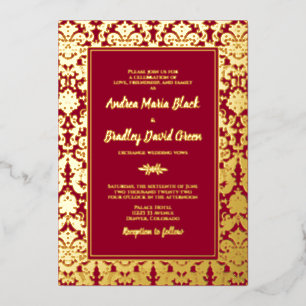 Ruby Red Real Gold Foil Damask Wedding Invitation