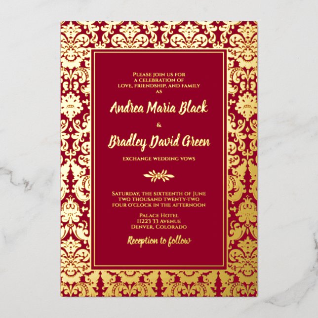 Ruby Red Real Gold Foil Damask Wedding Invitation (Front)