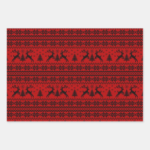 Ruby Red Reindeer Sweater Looking Christmas Wrapping Paper Sheets