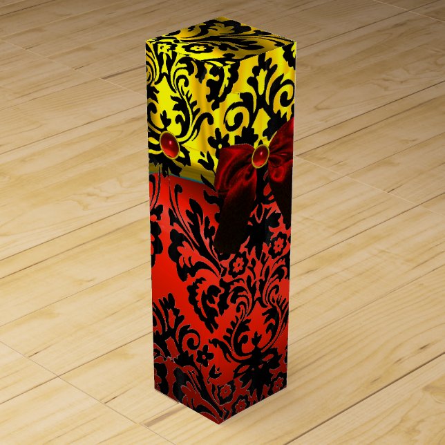 RUBY RED RIBBON, BLACK GOLD ART NOUVEAU DAMASK WINE BOX (Front)