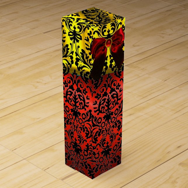 RUBY RED RIBBON, BLACK GOLD ART NOUVEAU DAMASK WINE GIFT BOX (Front)