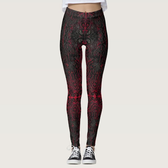 Ruby Red Romantic Weathered Gothic Crosses Pattern Leggings (Front)