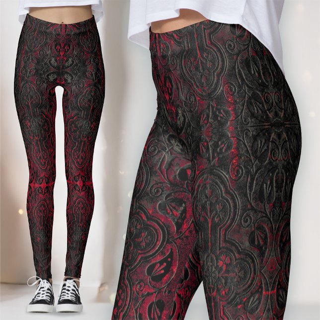 Ruby Red Romantic Weathered Gothic Crosses Pattern Leggings (Creator Uploaded)