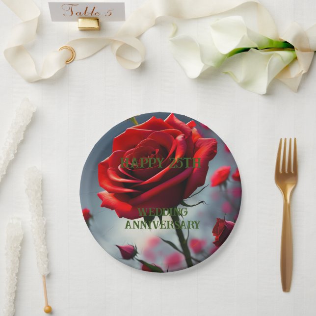 Ruby Red Rose 25th Wedding Anniversary,  Paper Plates (Wedding)
