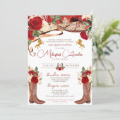 Ruby Red Rose Fancy Western Charra Quinceanera Invitation (Standing Front)