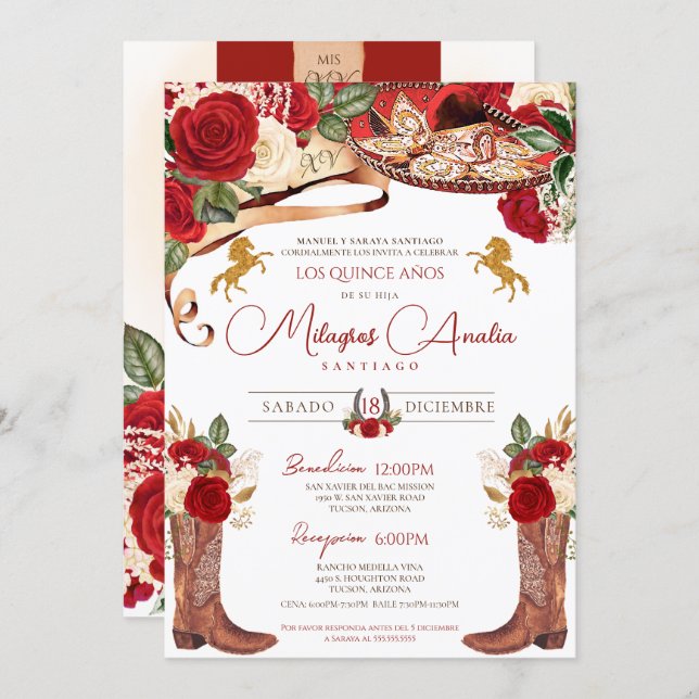 Ruby Red Rose Fancy Western Charra Quinceanera Invitation (Front/Back)