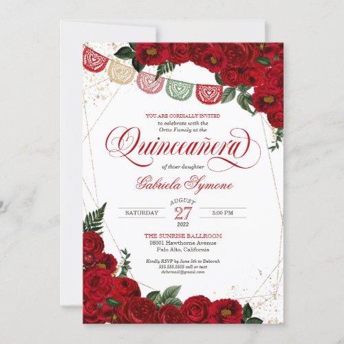 Ruby Red Rose  Gold Papel Picado Quinceaera Invitation