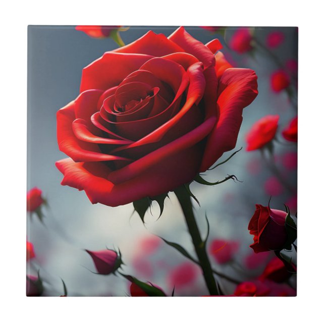 Ruby Red Rose Stem And Buds, Ceramic Tile (Front)