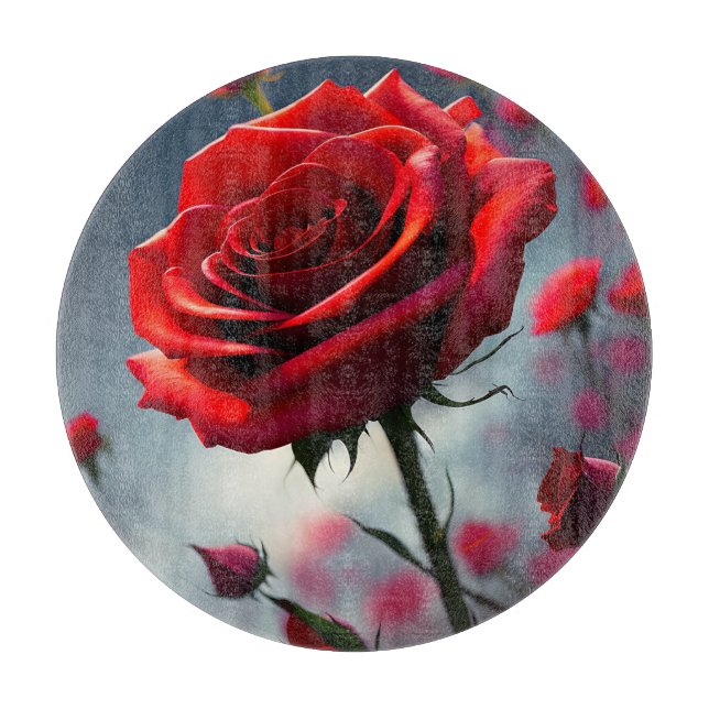 Ruby Red Rose Stem And Buds, Cutting Board (Front)