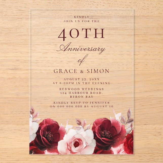 Ruby Red Roses 40th Wedding Anniversary Acrylic Invitations (Front)