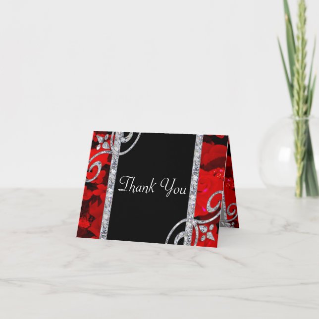 Ruby Red Roses & Diamond Swirls Wedding Letterpress Thank You Card (Front)