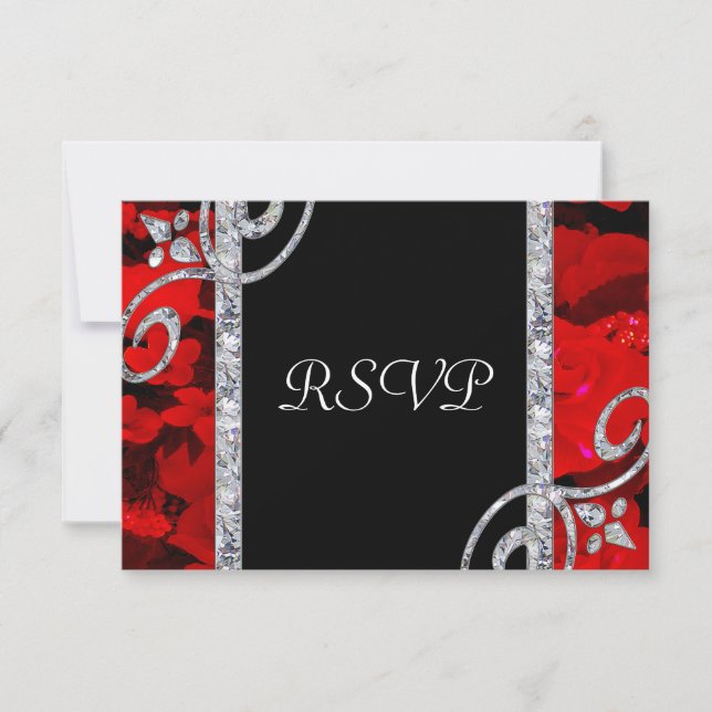 Ruby Red Roses & Diamond Swirls Wedding RSVP Card (Front)