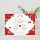 Ruby Red Roses Floral Tiara Butterfly Quinceanera Invitation (Standing Front)