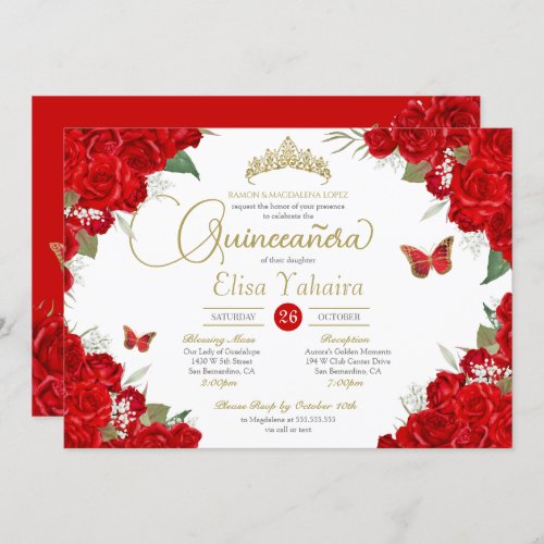 Ruby Red Roses Floral Tiara Butterfly Quinceanera Invitation