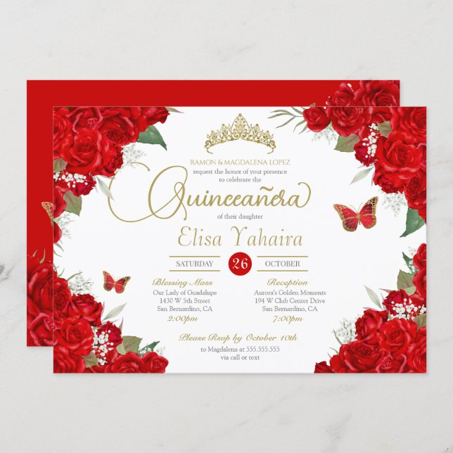 Ruby Red Roses Floral Tiara Butterfly Quinceanera Invitation (Front/Back)