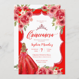 Ruby Red Roses Floral Watercolor Quinceañera Invitation